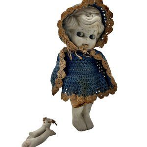 Vintage Japan Bisque Porcelain Doll Kewpie Crochet Clothes Detached Arms 7.5"